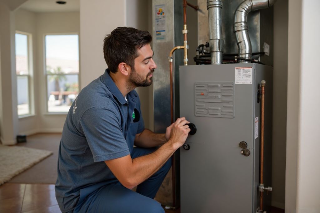 Anthem Air technician performing furnace maintenance checklist tasks in a Coachella Valley home