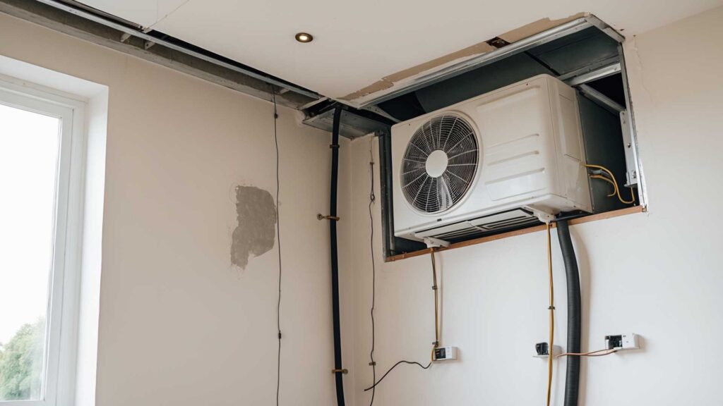 Anthem Air Conditioning & Plumbing specializes in AC replacement services in Coachella Valley, CA. This image shows a modern split AC system in the process of being replaced, with clear ductwork and electrical connections ensuring a seamless transition to energy-efficient cooling.