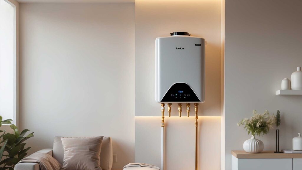Anthem Air Conditioning & Plumbing in Coachella Valley, CA, specializes in professional tankless water heater installations. This image showcases an energy-efficient unit with sleek copper piping, demonstrating modern, space-saving technology designed for consistent hot water supply.