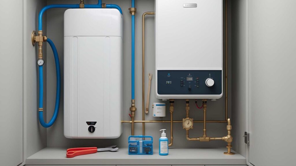 Routine maintenance of tankless water heaters by Anthem Air Conditioning & Plumbing in Coachella Valley ensures optimal performance. The image showcases a unit undergoing regular servicing, with tools and descaling equipment arranged for professional upkeep.