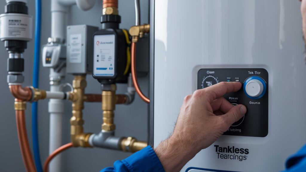 Anthem Air Conditioning & Plumbing offers reliable tankless water heater repair services in Coachella Valley, CA. This image highlights detailed repair work with diagnostic tools and precise adjustments to ensure peak performance of energy-efficient water heating systems.
