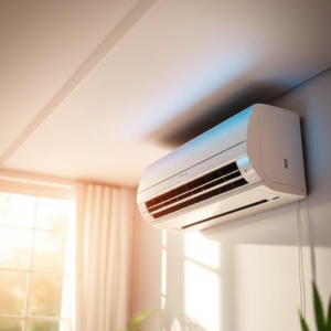 A well-lit living room with an energy-efficient air conditioning system, demonstrating optimal insulation, natural ventilation, and cool, comfortable ambiance with Ways to Save On Energy Costs.