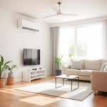 A well-maintained living room with an air conditioning unit, air purifier, and hygrometer, illustrating steps to maintain good indoor air quality in a healthy home environment.