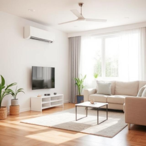 A well-maintained living room with an air conditioning unit, air purifier, and hygrometer, illustrating steps to maintain good indoor air quality in a healthy home environment.