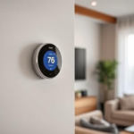 A modern smart thermostat installed on a wall in a clean, minimalist living room, showcasing its sleek design and digital interface for optimal energy management and home comfort.