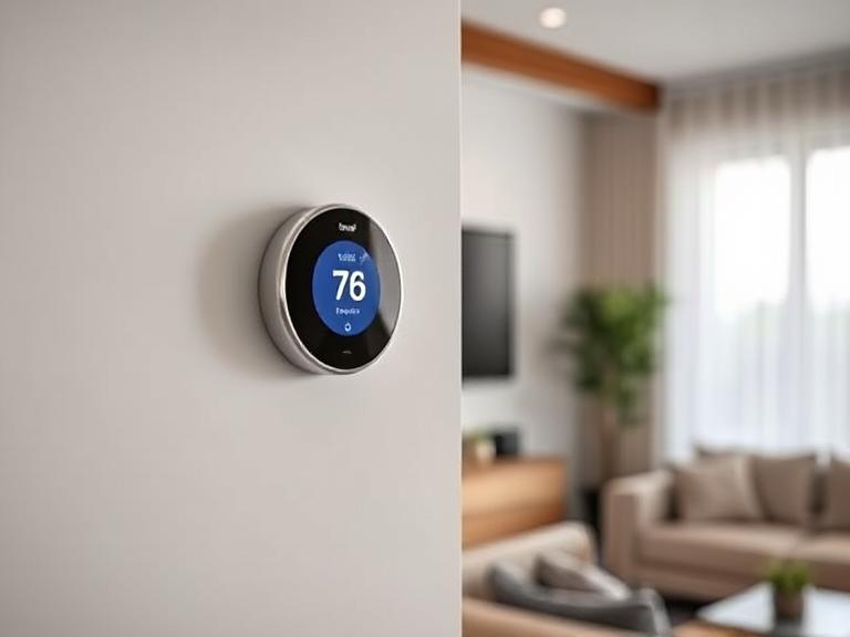 A modern smart thermostat installed on a wall in a clean, minimalist living room, showcasing its sleek design and digital interface for optimal energy management and home comfort.