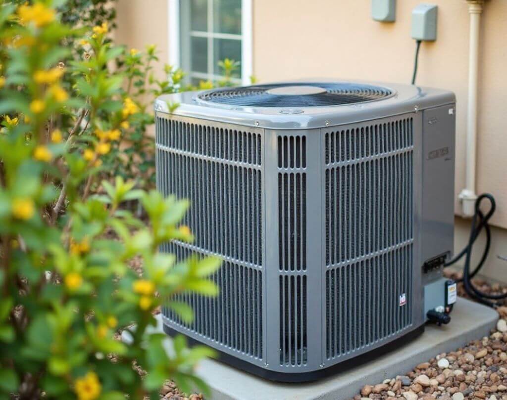 Anthem Air Conditioning and Plumbing technician inspecting a residential AC condenser unit for common air conditioner problems in Indio CA