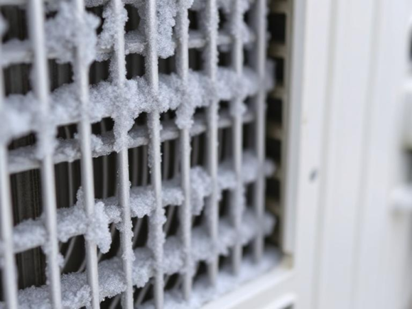 Frozen evaporator coils inside an AC unit with ice crystals and dirt buildup, showing the impact of poor airflow and maintenance.