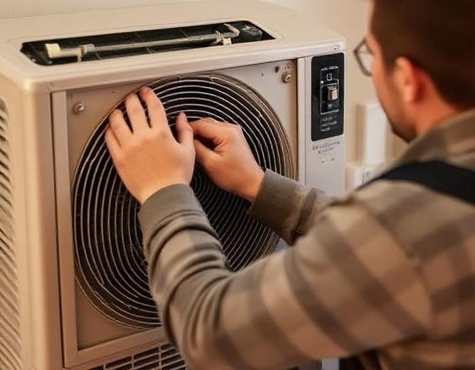 HVAC technician performing a spring air conditioner tune-up, focusing on cleaning filters and inspecting coils for optimal system performance.