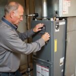 Residential furnace replacement underway in a Coachella Valley home with an HVAC technician on site