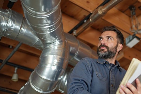 HVAC technician inspecting ductwork in Indio CA attic