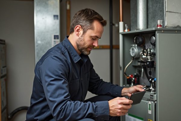 technician inspecting residential furnace heating system