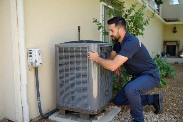 HVAC technician installing heat pump system in Indio CA home