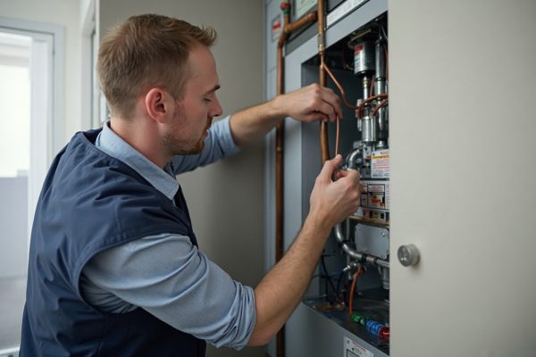 HVAC technician inspecting old heating and cooling system in Indio CA home